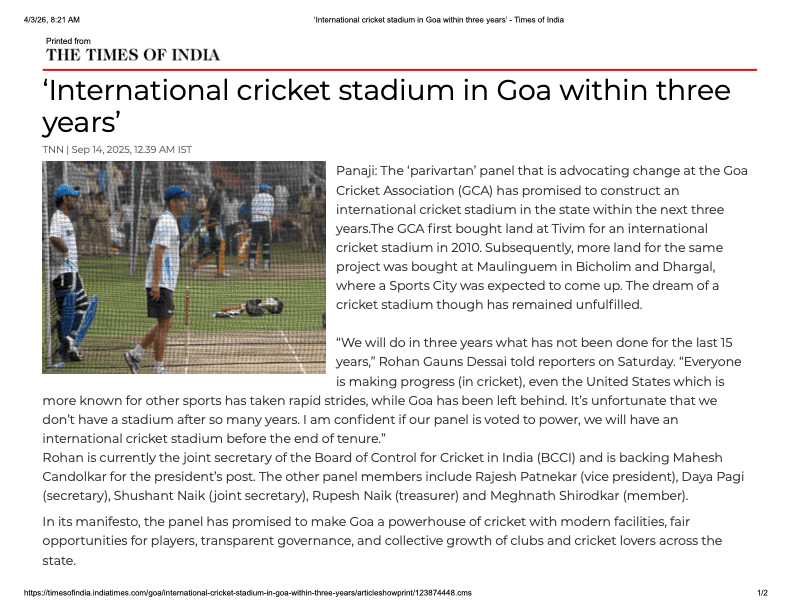 Times of India Article: International cricket stadium in Goa within three years